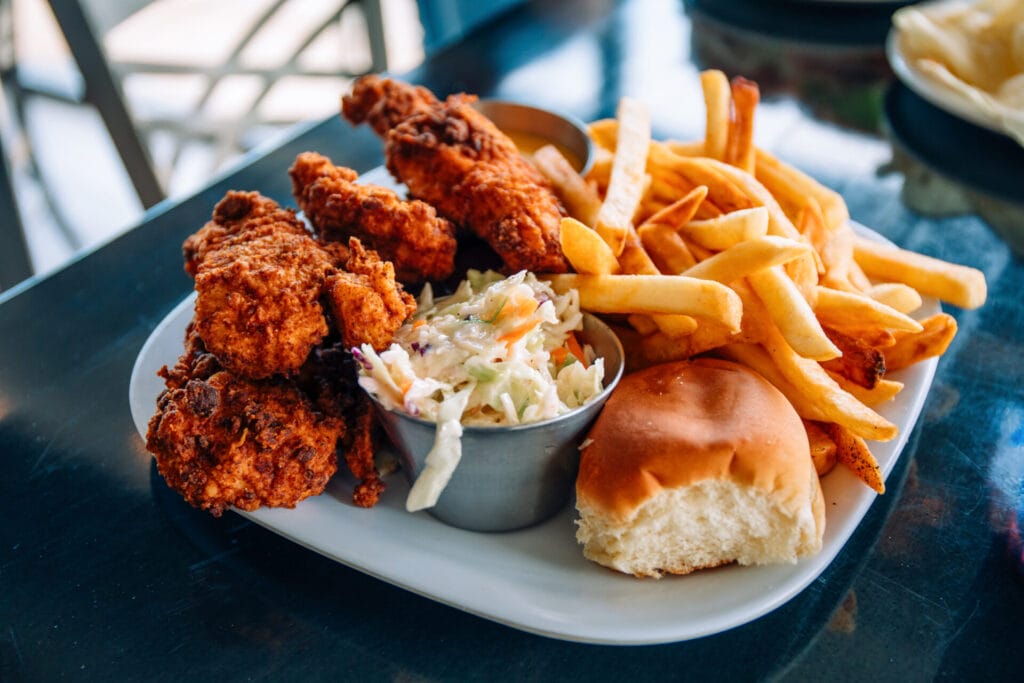 Fried chicken, slaw, French fries, and a roll from Simply Suzanne's.